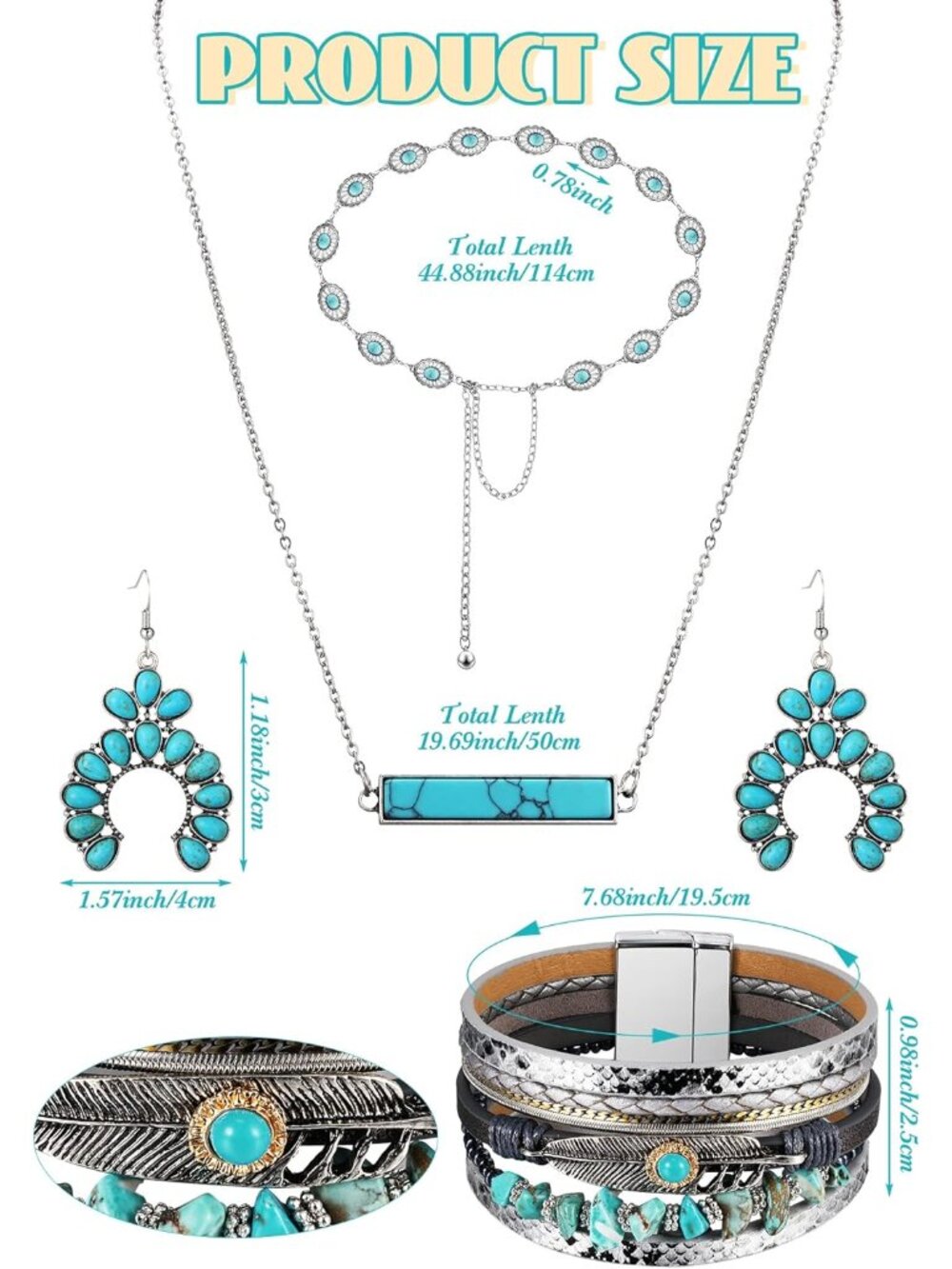 4 Pcs Bohemian Jewelry Turquoise Set for Women Western Turquoise Set Waist Belt - Picture 3 of 7